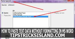 how to paste text data in ms word without formating