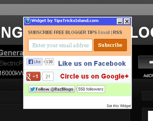 Popup Email Subscription Box with Facebook Twitter Google Plus Blogger Widget